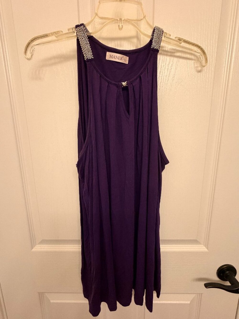 Maner Purple Embellished Sleeveless Tunic L Beaded Neckline Flowy Top